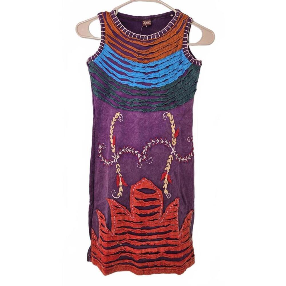 KPC Women's Boho Handmade Sleeveless Purple Embroidered Casual Dress‎ Size Small